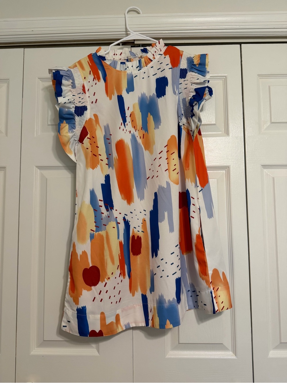 JODIFL White Dress with Orange, Blue, Red Brushstroke Print